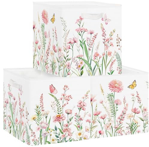 Clastyle 3 pcs Flower Women Cube Storage Unit Boxes Foldable Storage Baskets for Shelves Ladies Girls Nursery Hamper Basket Book Clothes Toy Box Organizer,Wildflower,11.8x11.8x11.8 in