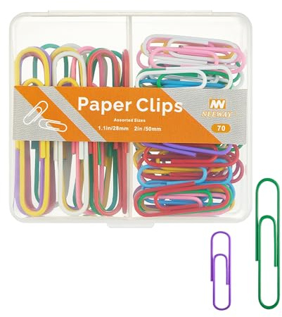 NEEWAY Colorful Paper Clips Assorted Sizes, Small and Large Paper Clips, 70 Count (Multicolor)