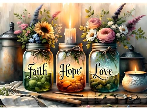 5D Diamond Painting Kits for Adults, Faith, Hope, Love Wishing Bottle Diamond Art kit for Adults Beginner, DIY Full Drill Diamond Dots with Diamond Gem Art and Crafts for Home Wall Decor 16 x 12 Inch