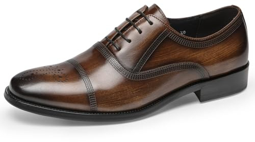 Mens Dress Shoes - Semi-Brogue Oxfords in Genuine Leather | Cap Toe Dress Shoes Brown 7