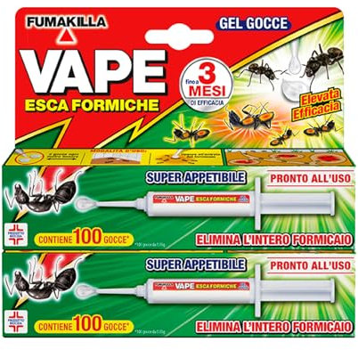 Vape Esca Formiche in Gel Insetticida per Esterno Interno Casa 200 Gocce Fino a 3 Mesi di Efficacia Pronta all'Uso Elimina L'Intero Formicaio Super Appetibile - 2 Siringhe