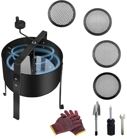 Tasofac Setaccio girevole da giardino modernizzato rotante da 33 cm con 4 setacci (3/6/8/10 mm), acciaio, con guanti e pala magnetica, colino per compost, filtro per sabbia per giardino e terra