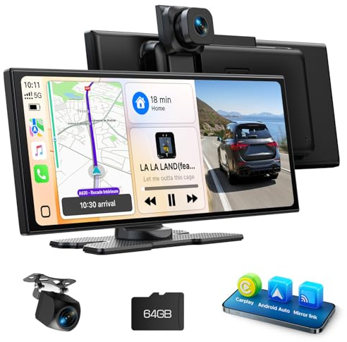 Volam CarPlay Display Bildschirm für AppIe CarPlay & Android Auto 10,25 Zoll Tragbares Car Play mit 2,5K+1080P Dashcam Vorne Hinten,Sprachassistent/Bluetooth/Navigation/Mirror Link/AUX/FM/64G TF