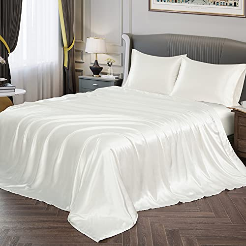 Vonty Satin Sheets Queen Size Silky Soft Satin Bed Sheets Ivory White Sheet Set, 1 Deep Pocket Fitted Sheet + 1 Flat Sheet + 2 Pillowcases