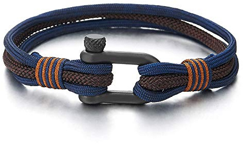 COOLSTEELANDBEYOND Black Stainless Steel Nautical Shackle Bracelet for Men, Double Layer Blue and Brown Paracord Rope Sailing Anchor Boating Style