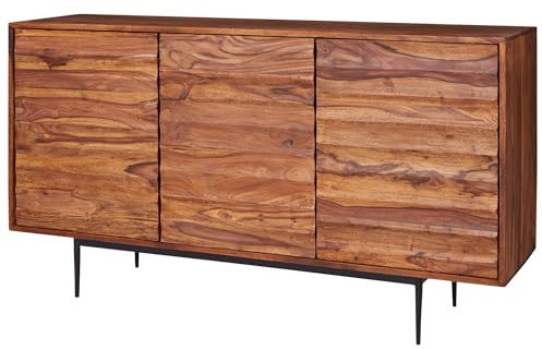 Massivholz Sideboard FineBuy 150cm Sheesham Kommode mit 3 Türen 3D Design Metall schwarz