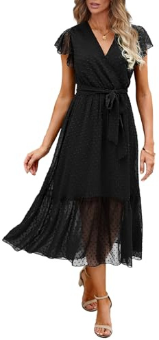 BTFBM Women Summer Bohemian Floral Casual Wrap V Neck Ruffle Cap Sleeveless Belt A-Line Pleated Hem Swing Midi Sun Dress (Swiss Dot Black, l)