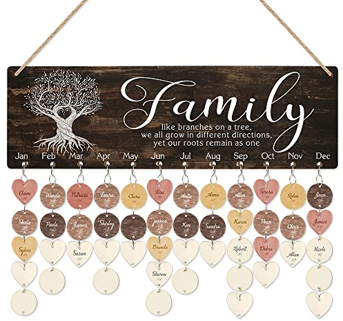 CHDITB Family Birthday Reminder Calendar Board16x5 DIY Birthday Gifts for Mothers Day Wooden Family Wooden Birthday Calendar Family Keepsakes Birthday Reminder Wall Hanging With 100 Heart/Circle Tags
