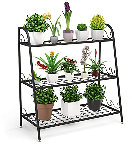 COSTWAY Support de Plantes à 3 Etages en Métal en Forme d'Echelle Intérieur/Extérieur avec Pieds Réglables pour Jardin Balcon et Salon Support pour Pots de Fleurs (81 x 35 x 82 cm)