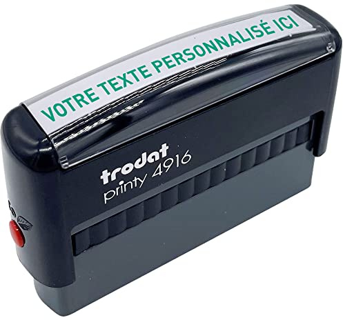 Tampon encreur personnalisable avec votre texte, format adapté pour les chèques, Trodat Printy 4916, dimensions : 70x10 mm, pour 1 à 2 lignes de texte max, encre incluse, rechargeable (Encre verte)