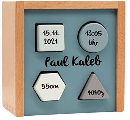 Label Label Formen-Steckspiel blau | Personalisierbares Geschenk zur Geburt I Handmade Holzspielzeug ab 1 Jahr I Personalisierte Geschenke Baby I Label-Label | Steckbox mit Name & Geburtsdaten