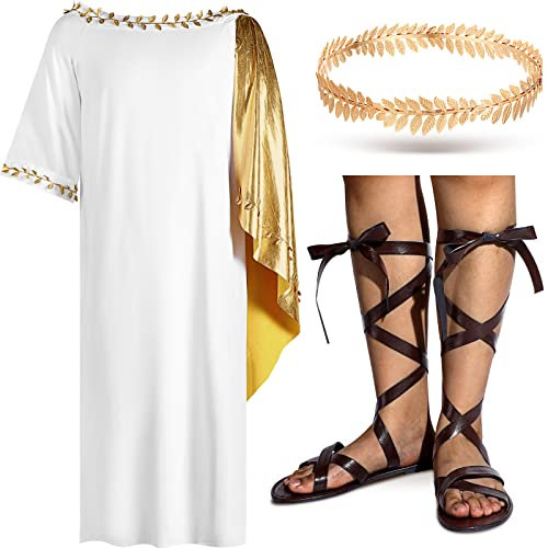 Haysandy 3 Pcs Greek God Costume Men Toga Zeus Costume with Crown Laurel Leaf, Adult Roman Sandals for Halloween Cosplay, As the Pictures Shown, L, 9