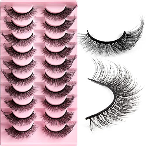 Ciglia Finte 10 Paia 8D Naturale Fluffy Cat Eye Lashes D Curl Russian Strip Lashes Volume Wispy Fox Eye Lashes Pure Fatto a Mano Lungo Ricci Riutilizzabili Drammatico Ciglia Finte Multipack (HLY05)