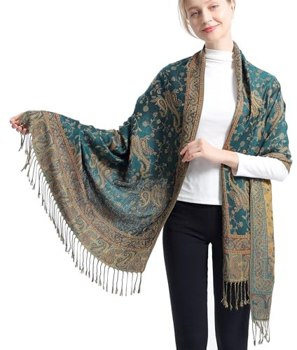 Ciormis Paisley Pattern Pashmina Scarf Fringed Pashmina and Shawl for Evening Dresses（Style 1-Dark Seagreen）