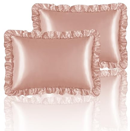 HommxJF Silky Satin Ruffled Pillow Cases for Hair and Skin,Rose Gold Silk Pillowcases Standard Set of 2 with Envelope Closure Princess Room Decoration