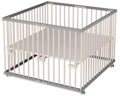 Sämann Laufstall faltbar Baby 100x100 cm | stufenlos höhenverstellbar | Laufgitter Premium | Babybett aus Holz | Krabbelgitter schwarz/natur