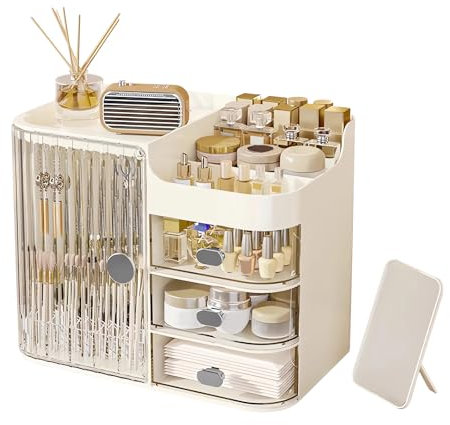 DASITON Organizador de Maquillaje de Cosméticos con 3 Cajones Gran Capacidad, Organizador de Brochas con Espejo, Almacenamiento de Cosméticos para Tocador, Baño y Dormitorio (Transparente-Crema)