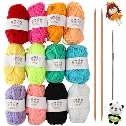 JRJRN 12 Farben Wolle zum Häkeln Stricken, Bunt Acrylgarn zum Stricken, Bunt Amigurumi Wolle, DIY Acrylwolle Set mit Bambus-Pullover-Nadel/Eisen-Häkelnadel für Bastelarbeiten Von Kindern