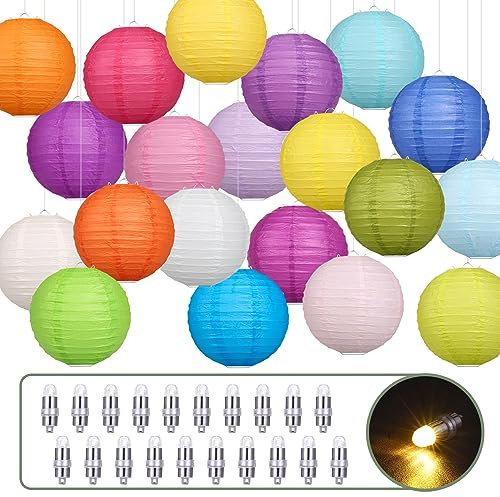 Färgglad papperslykta 25 cm med 20 stycken ballonglampor varmvita lampor papperslykta lampskärm för helgdagar bröllop halloween jul födelsedagar
