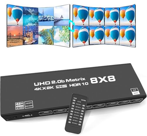 8 x 8 HDMI Matrix 4K@60Hz 8 in 8 Out HDMI Matrix Switcher Splitter YUV 4:4:4/RGB med RS232, IR, 18 Gbit/s, HDCP2.2, HDMI2.0, 3D, EDID, ARC, CES, HDR10