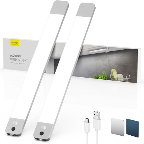 LROLTEF Skåpbelysning LED-lampa med handaxel 40 cm 6500 K silver | 2 200 mAh inbyggd lampa med rörelsedetektor, skåpljus kök dimbar ramlös, vitrinbelysning magnetisk, 2 stycken
