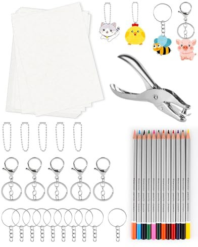 Friedwohl Schrumpffolie 53 Stück Schrumpffolie zum Basteln Inklusiv A4 Schrumpffolie Set Schlüsselanhänger, Schließe, Bleistifte, Locher für Kinder DIY Handwerk, Schrumpffolien Bastelset