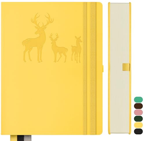 Qefuna Notebook A5 foderato, Bullet Journal A5 blocco note spesse, 360 pagine, copertina rigida in pelle, 100gsm carta foderata per donne uomini ufficio scuola diario, 14,5 x 21cm, giallo