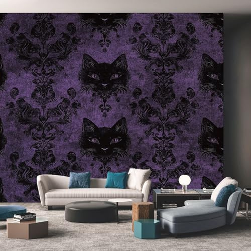 Purple Black Cat Wallpaper, Baroque Gothic Damask Wallpaper Mural, Non-Woven Decor Wall Paper, Photo Mural for Room, Hallway, Lounge, 300cmx210cm
