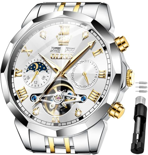 OLEVS Uhren für Herren, automatisch, mechanisch, luxuriös, großes Zifferblatt, selbstaufziehend, Tourbillon, Skelett, leuchtende Armbanduhren, G6620: Zweifarbiges Band und weißes Zifferblatt
