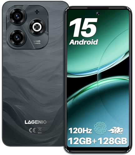 LAGENIO A11 Smartphone Pas Cher Android 15-12 Go + 128 Go / 1 to Téléphone Portable Pas Cher, 120 Hz + 6,7 HD, Batterie 5150 mAh, 13 MP + 8 MP Téléphone Débloqué, 4G Dual SIM/Face ID/GPS - Gris