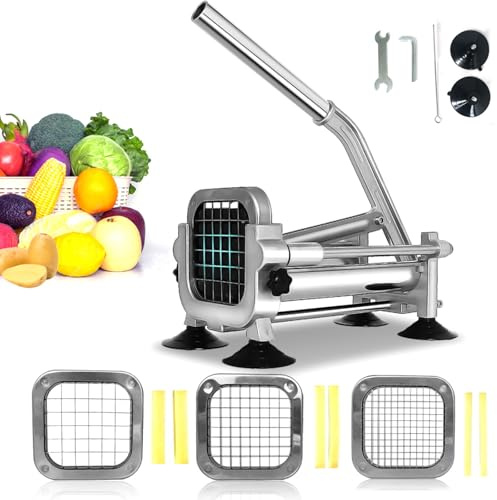 Botiliceer French Fry Cutter Stainless Steel, Heavy Duty Stainless Steel Manual Potato Slicer, Commercial 1/2 3/8 and 1/4 Inch Blades Potato Cutter with Brush, Wrench & Sucker (1/2&1/4&3/8 cutter)