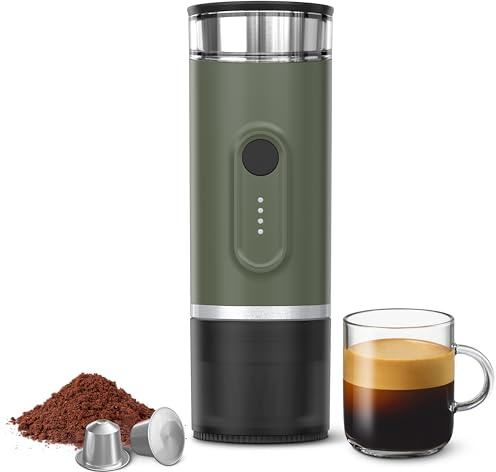 KAGWON Portable Electric Espresso Machine, Self-Heating Travel Coffee Maker with USB-C, Compatible with Ground Coffee & NS Capsules, Ideal for Camping, Car, RV, Hiking & Office (Army Green)