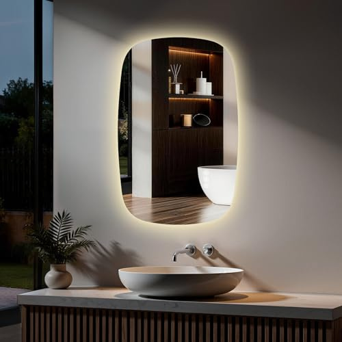 S'AFIELINA Oval LED Bathroom Mirror 70×45cm, Bathroom Mirror with LED Lights, 3 Color, Dimmable, Anti-Fog, Memory Function, Backlit Illuminated Wall Mounted Vanity Mirror