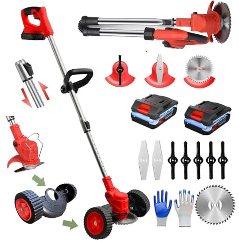 Hooha 21V Rasentrimmer Mit Akku & Rädern Faltbar Freischneider Akku Mit Hilfsgleitrad und 2X 2.0Ah Akkus Rasentrimmer mit 3 Verschiedenen Klingen Einstellbare Länge für Gras, Gärten, Büsche