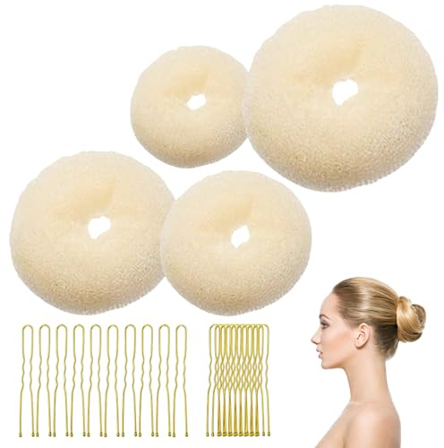 4 Pcs Ring Style Donut Bun Shaper, Hair Donut Bun Maker Set with 20 HairPins, Hair BunDonuts, Hair Donuts Brown for Girls Kids Women DIY Chignon HairStyles (Beige)