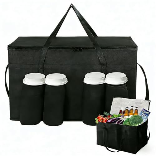 twirush 75L Large Food Delivery Bag, Black Cool Bag, Reusable Insulated Grocery Bag, Foldable Soft Cooler with Reinforced Handles, Collapsible for Picnic, Beach, Travel, Campin