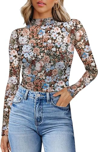 WIHOLL Women's Sheer Tops Mesh Blouses Mock Turtle Neck Long Sleeve Tops Mesh Ruched Sexy Lace Shirts Womens Tops