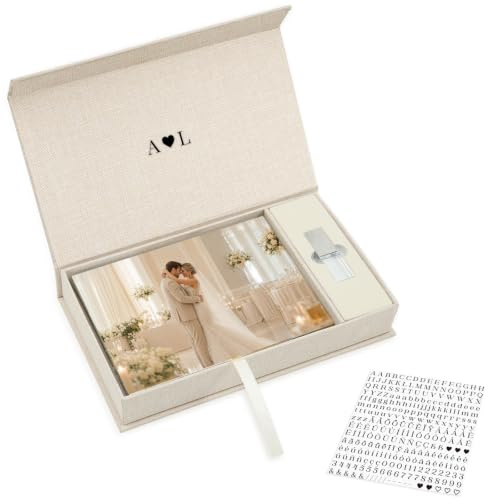 Hiwhy Fotoaufbewahrungsbox 24.8x14.5 cm, Leinen-Fotobox mit USB-Fach, DIY-Erinnerungsbox für Hochzeit, Wohndekoration, Fotografen, Familienerinnerungen, Babyparty, Beige
