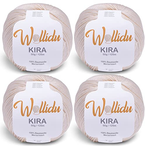 Wollidu Kira 4er-Set mercerisierte Baumwolle – 4×50 g feines Häkelgarn & Strickgarn, 100% Baumwolle, 125 m Lauflänge, uni Creme