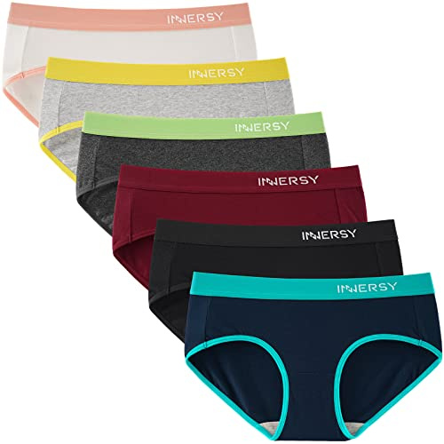 INNERSY Bragas Mujer Algodón Cómoda y Respirable de Braguitas Elasticidad con Faja Ropa Interior Mujer Sexy Pack de 6 (L, 6 Dim con Cinturilla en Contraste)