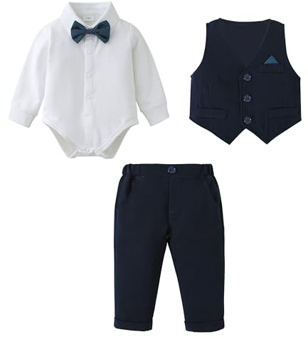 Baby Boys Conjunto de Ropa Traje Formal, Bebé Niño Caballero Mangas Largas Camisas + Pantalones + Corbata de Moño Niño Caballeros Bautismo Boda Conjuntos de Ropa Azul 3-6 meses