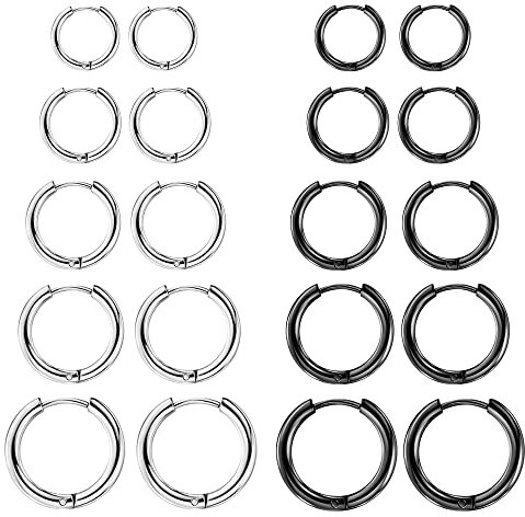 ASH'S CHOICE: 10 Paar Ohrringe für Herren & Damen - Schwarz & Silber, Edelstahl, Huggie und Knorpel Creolen