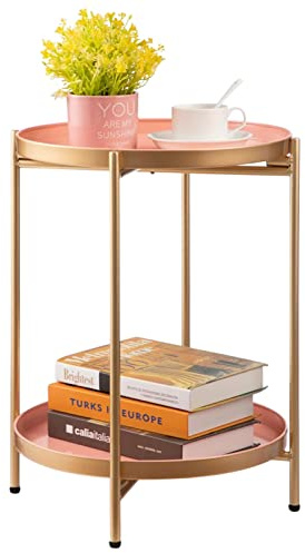HollyHOME Round Side Table Living Room Small Metal Coffee Table for Balcony Patio 2 Tier Tray End Table Nightstand for Bedroom, Gold & Pink