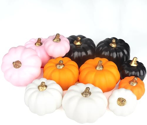 Miaikoe Künstliche Kürbisse 12Pcs Verschiedene Größen und Farben Bulk Ernte Lebensechte Kürbis gefälschte Schaum Kürbisse Set für Herbst Herbst Halloween Party Thanksgiving Urlaub Dekor Anzeige
