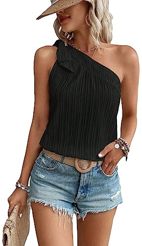 Milumia Women's Swiss Dots One Shoulder Top Casual Knot Sleeveless Blouse Tank Tops Solid Black Large