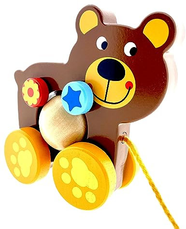 Nachziehtiere aus Holz | Nachziehspielzeug ab 1 Jahr | Süßes Nachziehtier aus Holz | Baby Spielzeug Schildkröte Bär Elefant zum Nachziehen Holzspielzeug Nachzieh-Elefant Familie (Bär)