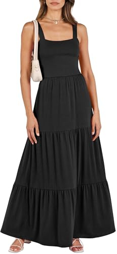 ANRABESS Women's Summer Casual Long Maxi Beach Vacation Dresses Sleeveless Square Neck Flowy Tiered Sun Dress with Pockets Black Large