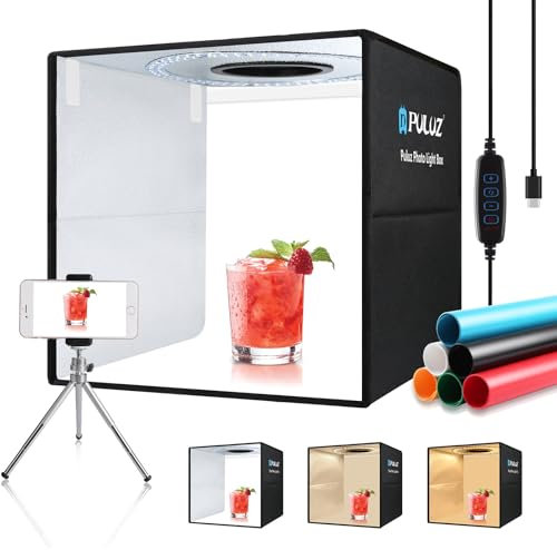 PULUZ 40cm/16 inch Photo Studio Light Box for Product Photography, Type-C Quick Charge Portable Lightbox Shooting Tent Kit with 3 Color Dimmable LED Lights & 6 PVC Backdrops