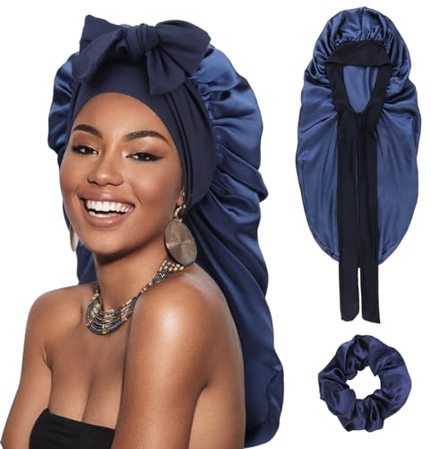 DRESHOW Bonnet Long en Satin Tressé pour Femme en Soie pour Dormir avec Bande Elastique de Nuit pour Cheveux Longs et Bouclés Locs