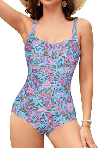 SHEKINI Damen Einteilige Badeanzug Retro Schlankheits Ruched Bauchweg Bademode Halter Große Größe Modest Badeanzüge für Damen(Blaue Kirschblüte,M)